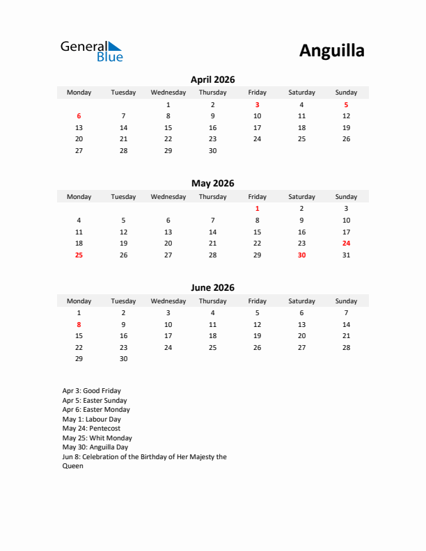 Printable Quarterly Calendar with Notes and Anguilla Holidays- Q2 of 2026