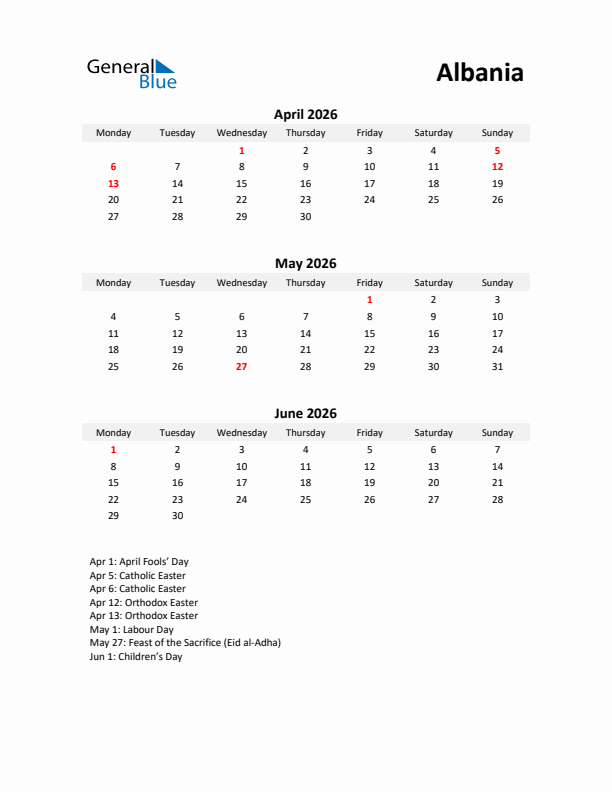 Printable Quarterly Calendar with Notes and Albania Holidays- Q2 of 2026