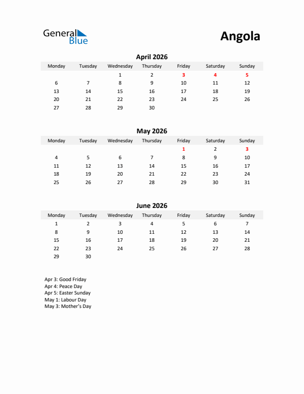 Printable Quarterly Calendar with Notes and Angola Holidays- Q2 of 2026