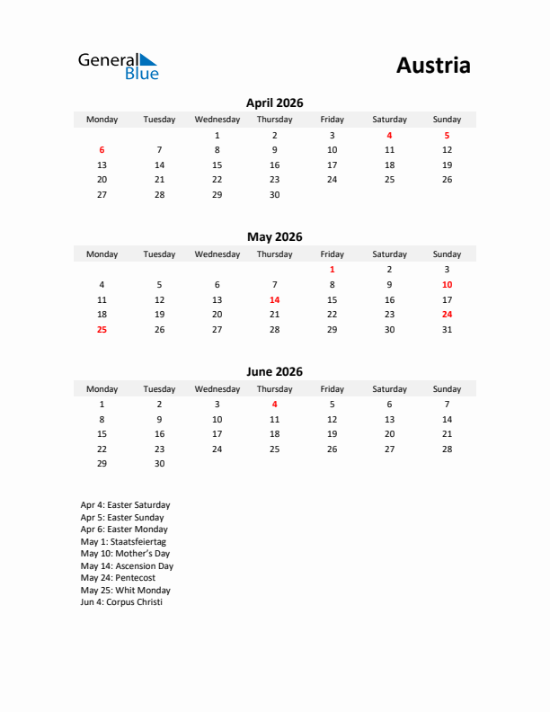 Printable Quarterly Calendar with Notes and Austria Holidays- Q2 of 2026