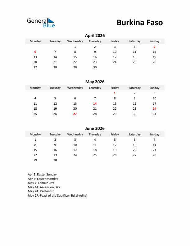 Printable Quarterly Calendar with Notes and Burkina Faso Holidays- Q2 of 2026