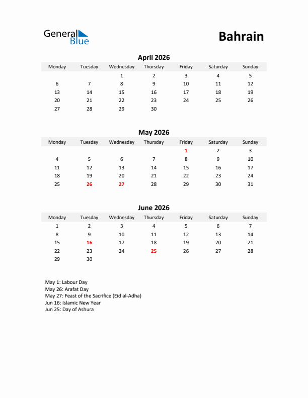 Printable Quarterly Calendar with Notes and Bahrain Holidays- Q2 of 2026