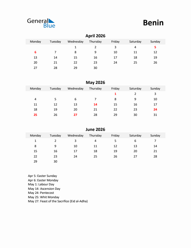 Printable Quarterly Calendar with Notes and Benin Holidays- Q2 of 2026