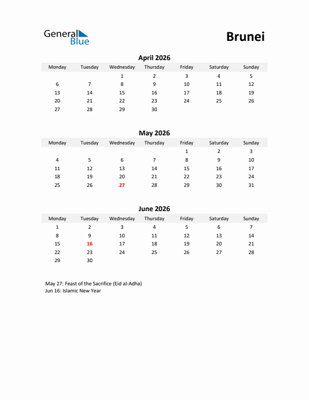 Printable Quarterly Calendar with Notes and Brunei Holidays- Q2 of 2026