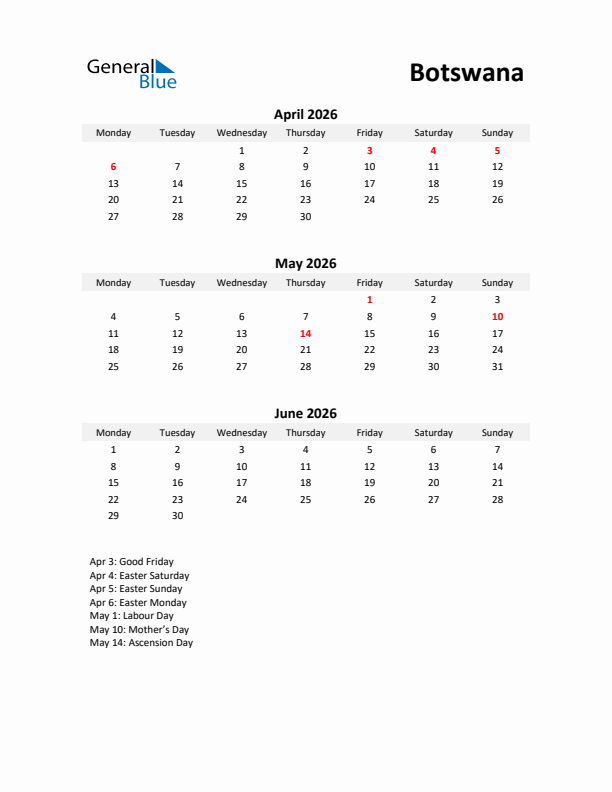 Printable Quarterly Calendar with Notes and Botswana Holidays- Q2 of 2026