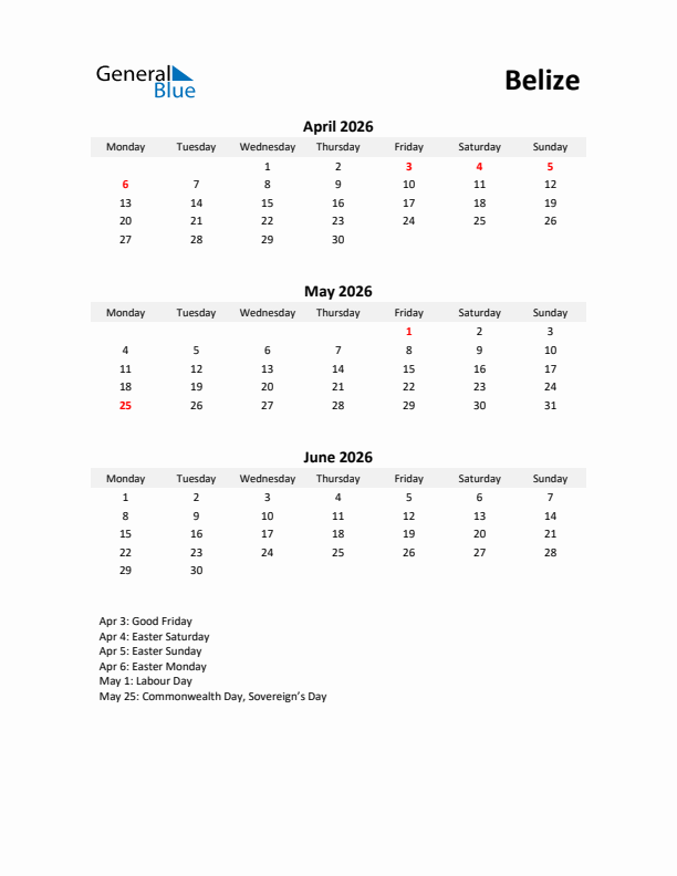 Printable Quarterly Calendar with Notes and Belize Holidays- Q2 of 2026