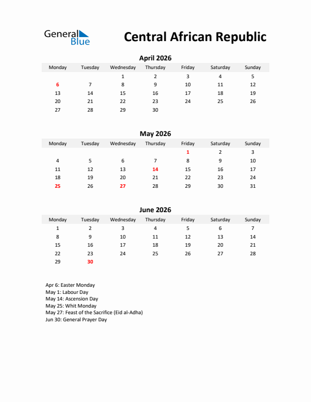 Printable Quarterly Calendar with Notes and Central African Republic Holidays- Q2 of 2026