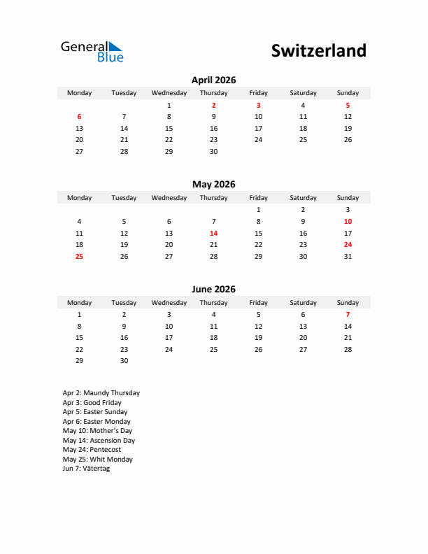 Printable Quarterly Calendar with Notes and Switzerland Holidays- Q2 of 2026