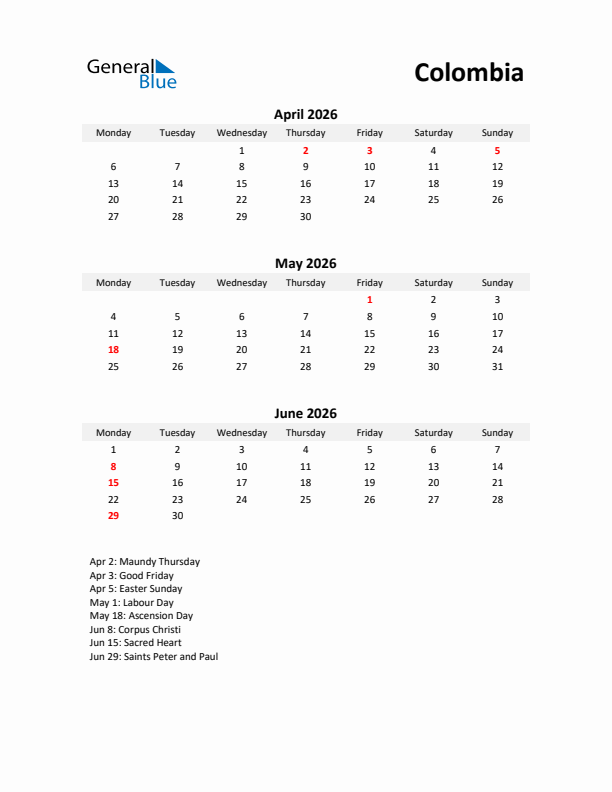 Printable Quarterly Calendar with Notes and Colombia Holidays- Q2 of 2026