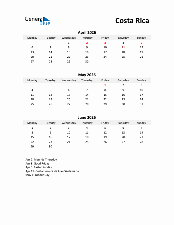 Printable Quarterly Calendar with Notes and Costa Rica Holidays- Q2 of 2026