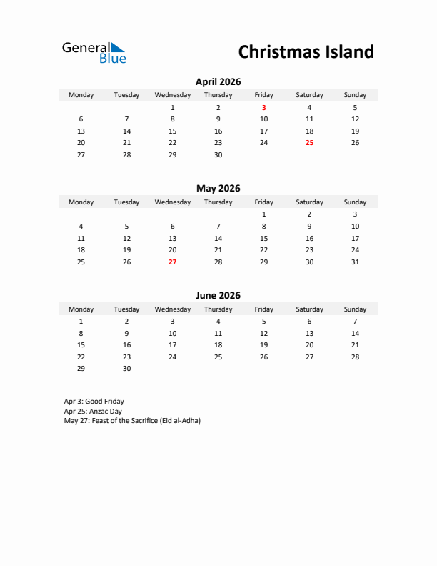 Printable Quarterly Calendar with Notes and Christmas Island Holidays- Q2 of 2026