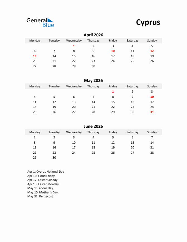 Printable Quarterly Calendar with Notes and Cyprus Holidays- Q2 of 2026