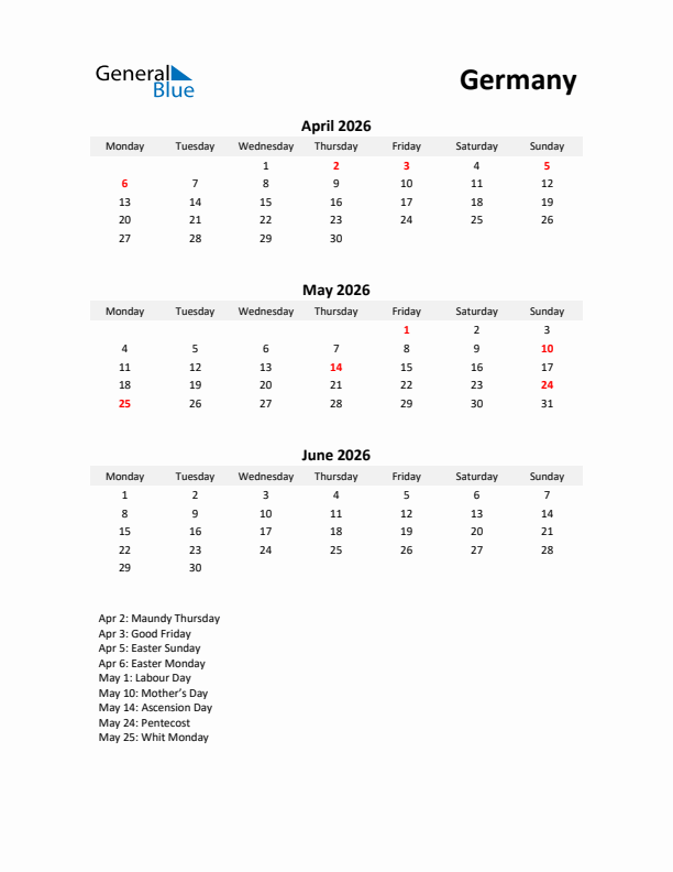 Printable Quarterly Calendar with Notes and Germany Holidays- Q2 of 2026