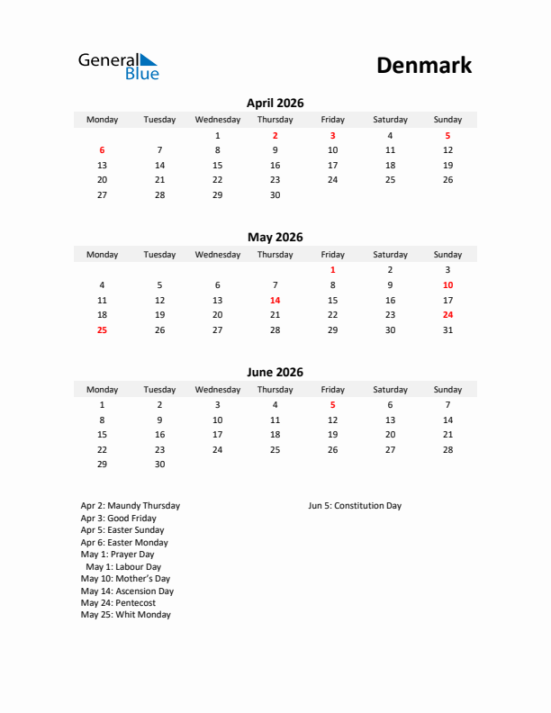 Printable Quarterly Calendar with Notes and Denmark Holidays- Q2 of 2026