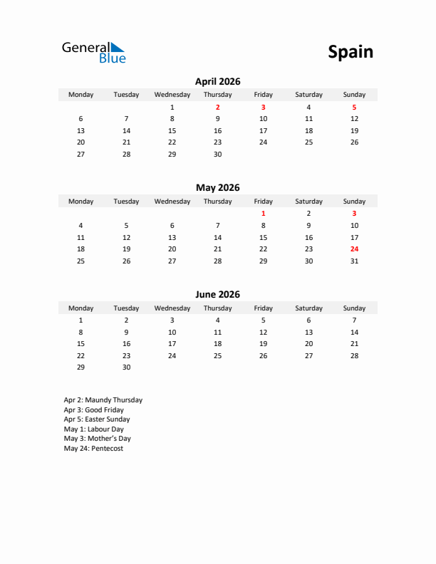 Printable Quarterly Calendar with Notes and Spain Holidays- Q2 of 2026