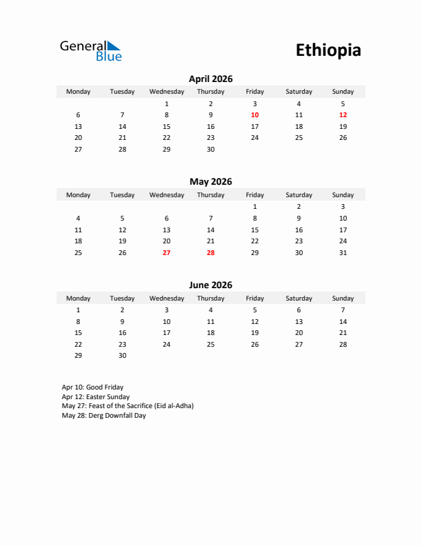 Printable Quarterly Calendar with Notes and Ethiopia Holidays- Q2 of 2026