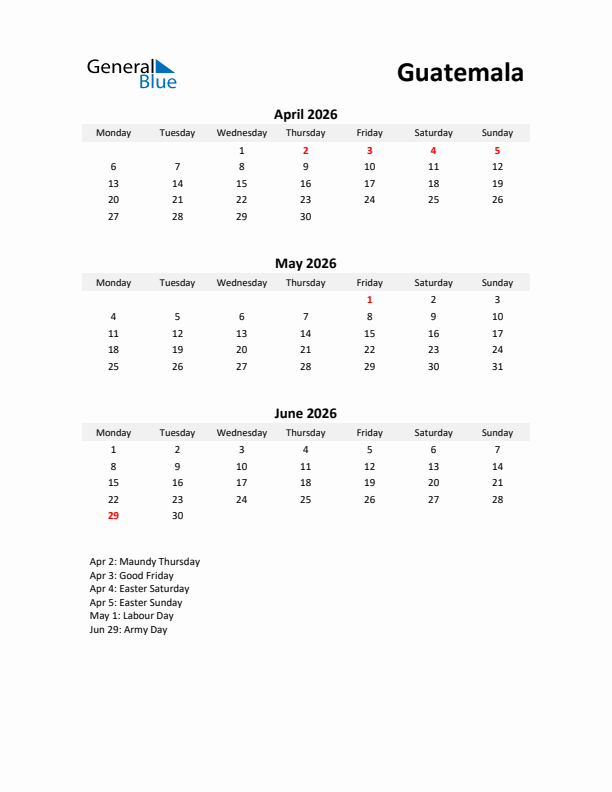 Printable Quarterly Calendar with Notes and Guatemala Holidays- Q2 of 2026