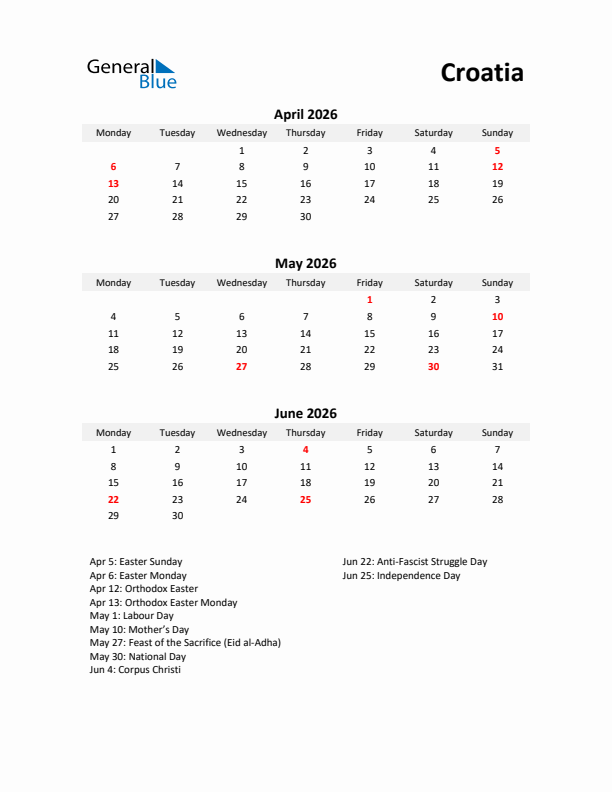 Printable Quarterly Calendar with Notes and Croatia Holidays- Q2 of 2026