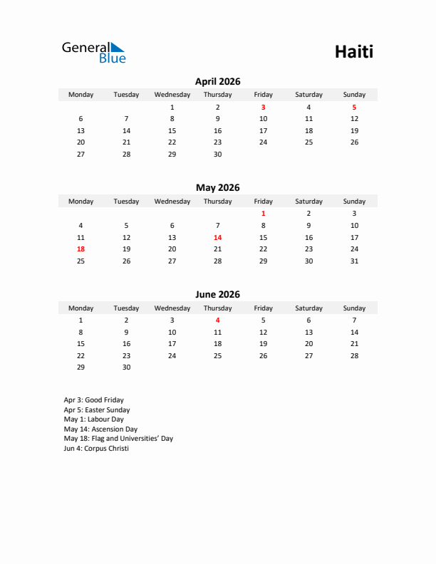 Printable Quarterly Calendar with Notes and Haiti Holidays- Q2 of 2026