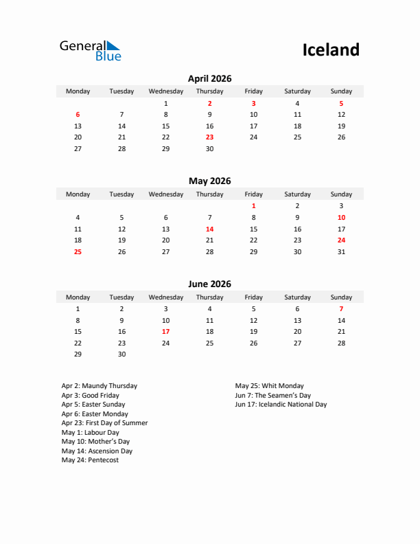 Printable Quarterly Calendar with Notes and Iceland Holidays- Q2 of 2026