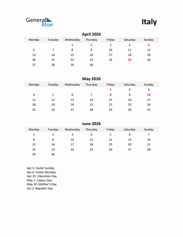 Printable Quarterly Calendar with Notes and Italy Holidays- Q2 of 2026