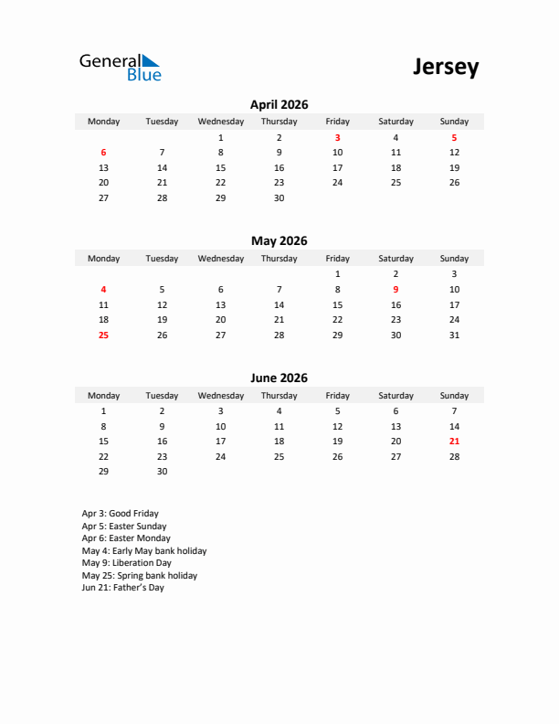 Printable Quarterly Calendar with Notes and Jersey Holidays- Q2 of 2026