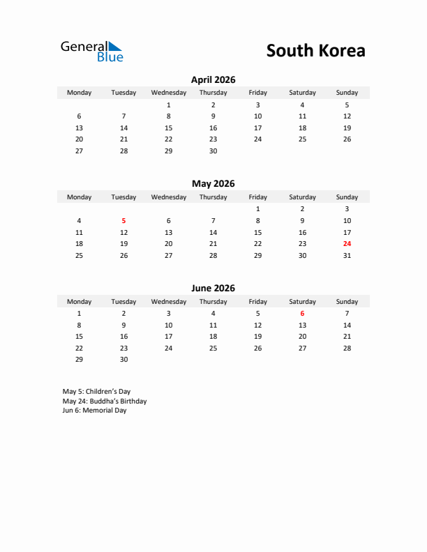 Printable Quarterly Calendar with Notes and South Korea Holidays- Q2 of 2026