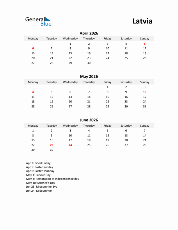 Printable Quarterly Calendar with Notes and Latvia Holidays- Q2 of 2026