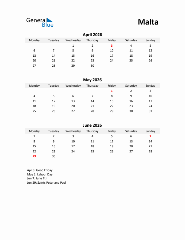 Printable Quarterly Calendar with Notes and Malta Holidays- Q2 of 2026