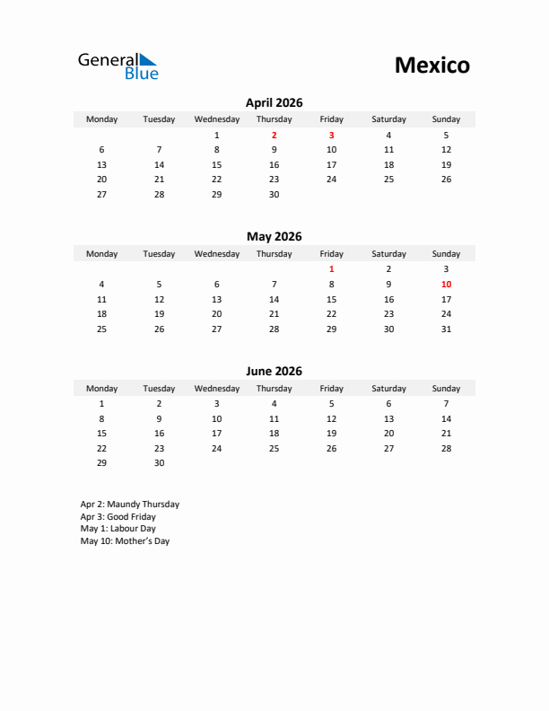 Printable Quarterly Calendar with Notes and Mexico Holidays- Q2 of 2026