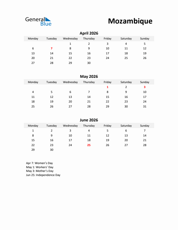 Printable Quarterly Calendar with Notes and Mozambique Holidays- Q2 of 2026