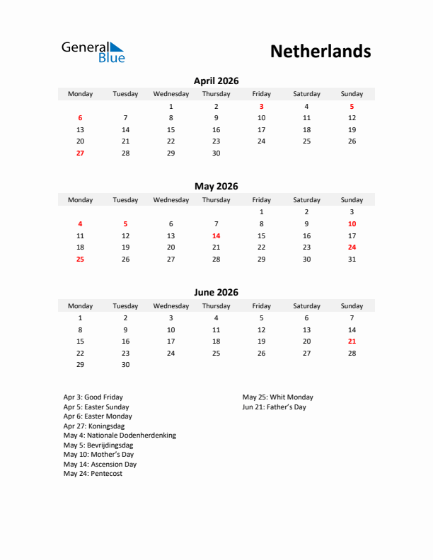 Printable Quarterly Calendar with Notes and The Netherlands Holidays- Q2 of 2026