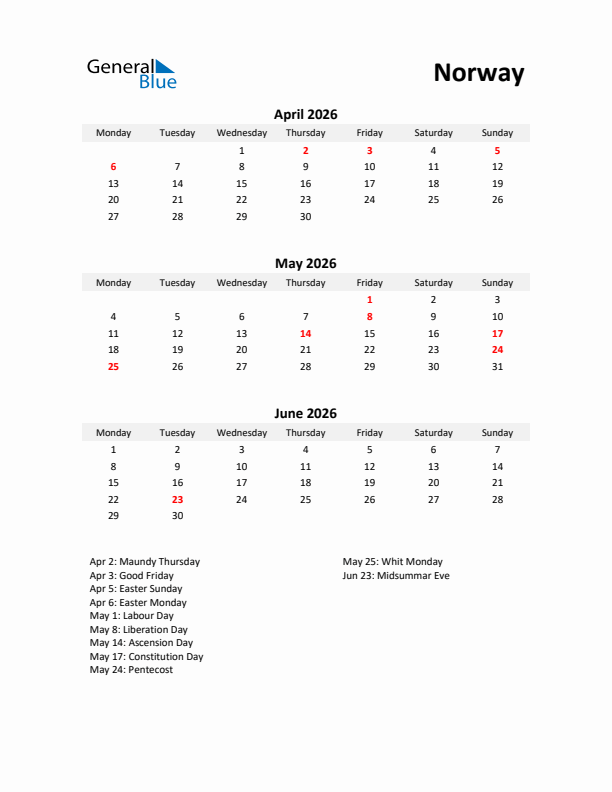 Printable Quarterly Calendar with Notes and Norway Holidays- Q2 of 2026