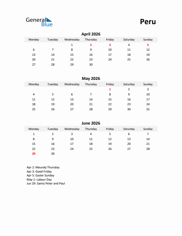 Printable Quarterly Calendar with Notes and Peru Holidays- Q2 of 2026