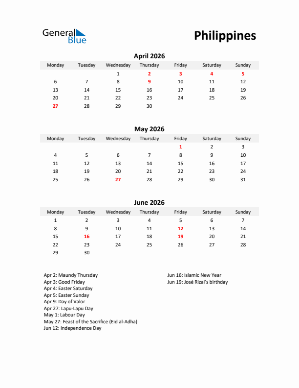 Printable Quarterly Calendar with Notes and Philippines Holidays- Q2 of 2026