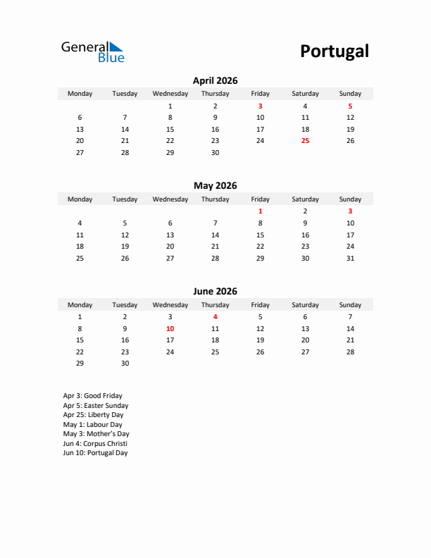 Printable Quarterly Calendar with Notes and Portugal Holidays- Q2 of 2026