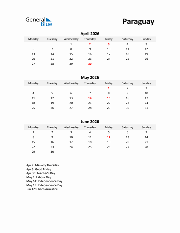 Printable Quarterly Calendar with Notes and Paraguay Holidays- Q2 of 2026