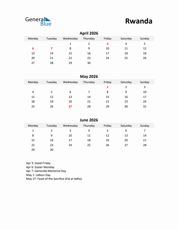 Printable Quarterly Calendar with Notes and Rwanda Holidays- Q2 of 2026