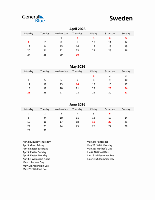 Printable Quarterly Calendar with Notes and Sweden Holidays- Q2 of 2026