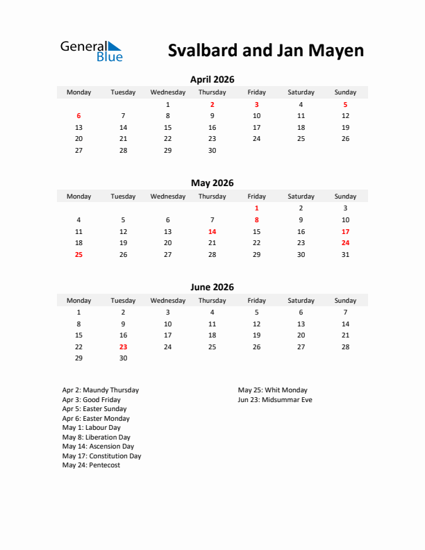 Printable Quarterly Calendar with Notes and Svalbard and Jan Mayen Holidays- Q2 of 2026