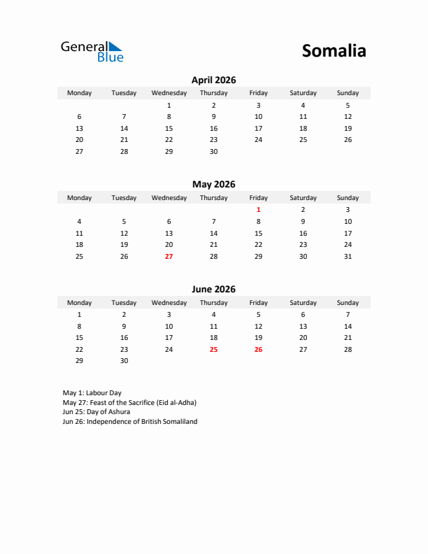 Printable Quarterly Calendar with Notes and Somalia Holidays- Q2 of 2026