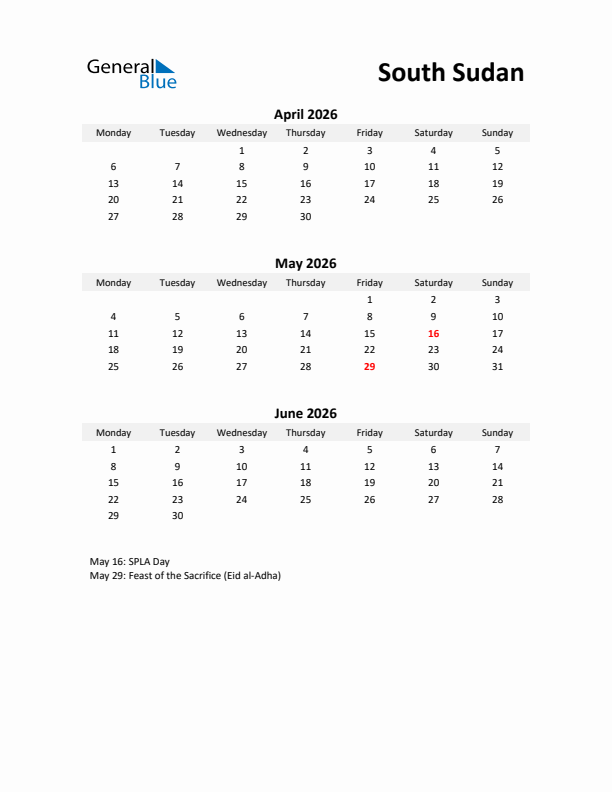 Printable Quarterly Calendar with Notes and South Sudan Holidays- Q2 of 2026