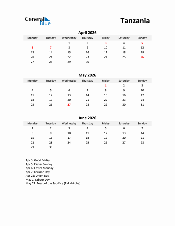 Printable Quarterly Calendar with Notes and Tanzania Holidays- Q2 of 2026