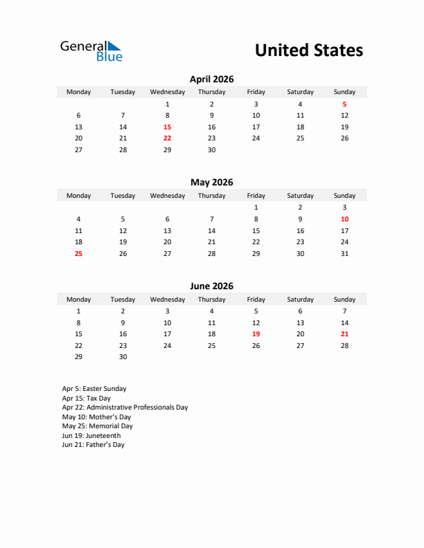 Printable Quarterly Calendar with Notes and United States Holidays- Q2 of 2026