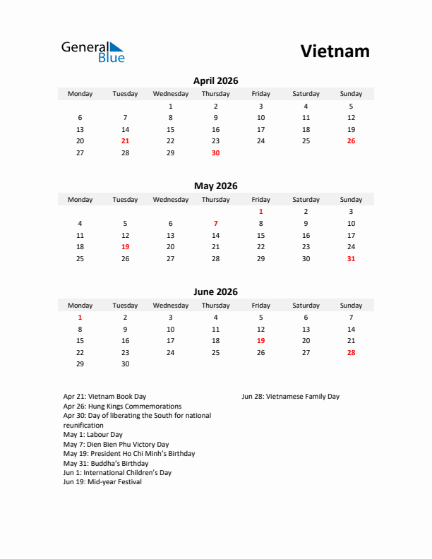 Printable Quarterly Calendar with Notes and Vietnam Holidays- Q2 of 2026