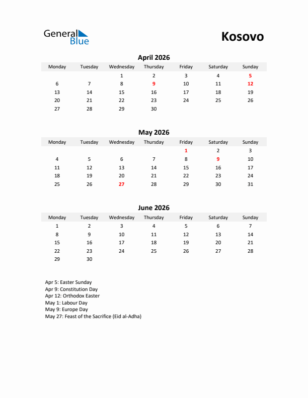 Printable Quarterly Calendar with Notes and Kosovo Holidays- Q2 of 2026