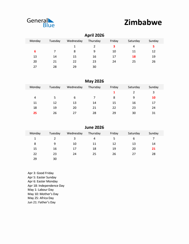 Printable Quarterly Calendar with Notes and Zimbabwe Holidays- Q2 of 2026