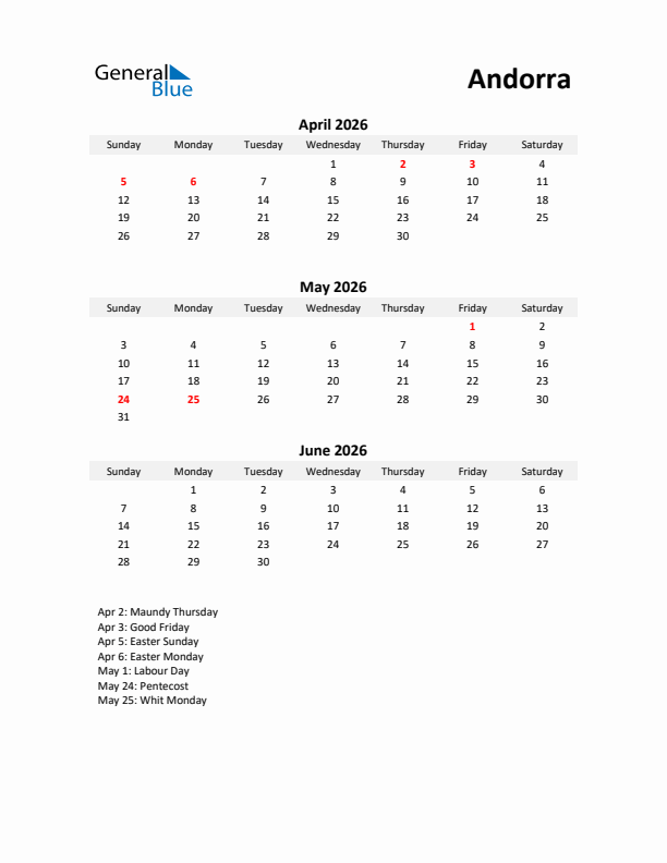 Printable Quarterly Calendar with Notes and Andorra Holidays- Q2 of 2026