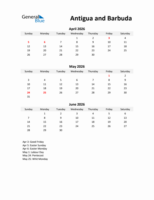 Printable Quarterly Calendar with Notes and Antigua and Barbuda Holidays- Q2 of 2026