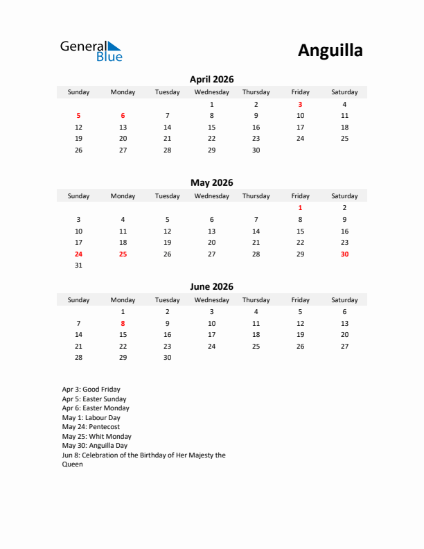 Printable Quarterly Calendar with Notes and Anguilla Holidays- Q2 of 2026